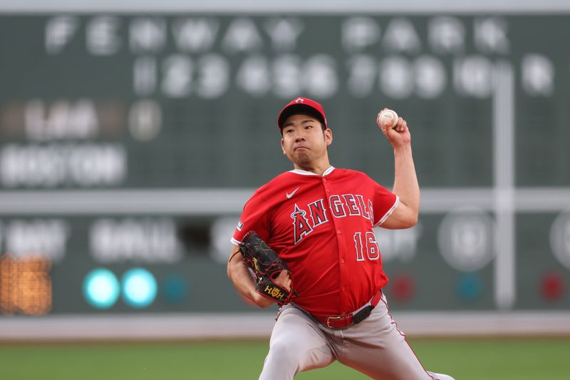 Jun 3, 2025; Boston, Massachusetts, USA; Los Angeles Angels starting pitcher Yusei Kikuchi (16) delivers a pitch during the first inning against the Boston Red Sox at Fenway Park. Mandatory Credit: Paul Rutherford-Imagn Images