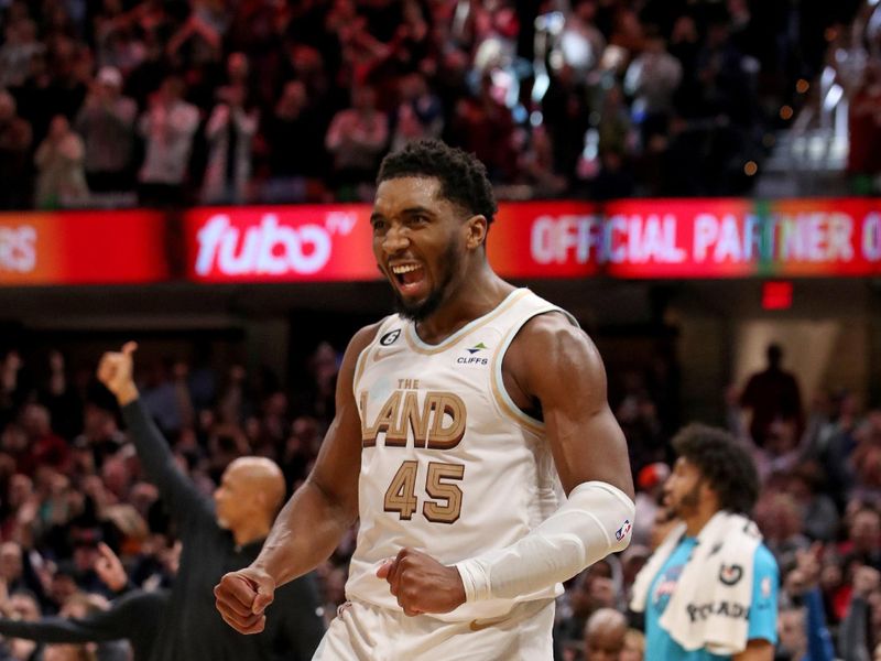 CLEVELAND, OH - JANUARY 4: Donovan Mitchell #45 of the Cleveland Cavaliers looks on during the game against the Phoenix Suns  on January 4, 2023 at Rocket Mortgage FieldHouse in Cleveland, Ohio. NOTE TO USER: User expressly acknowledges and agrees that, by downloading and/or using this Photograph, user is consenting to the terms and conditions of the Getty Images License Agreement. Mandatory Copyright Notice: Copyright 2022 NBAE (Photo by Lauren Bacho/NBAE via Getty Images)