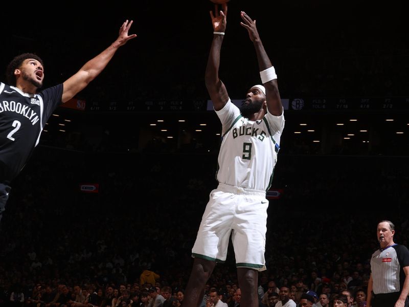 BROOKLYN, NY - DECEMBER 8: Bobby Portis #9 of the Milwaukee Bucks shoots the ball during the game against the Brooklyn Nets on December 8, 2024 at Barclays Center in Brooklyn, New York. NOTE TO USER: User expressly acknowledges and agrees that, by downloading and or using this Photograph, user is consenting to the terms and conditions of the Getty Images License Agreement. Mandatory Copyright Notice: Copyright 2024 NBAE (Photo by Nathaniel S. Butler/NBAE via Getty Images)