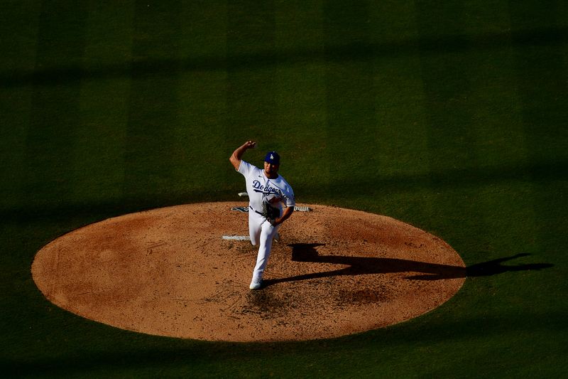 Jun 4, 2023; Los Angeles, California, USA; Los Angeles Dodgers relief pitcher Brusdar Graterol (48) throws against the New York Yankees during the seventh inning at Dodger Stadium. Mandatory Credit: Gary A. Vasquez-USA TODAY Sports