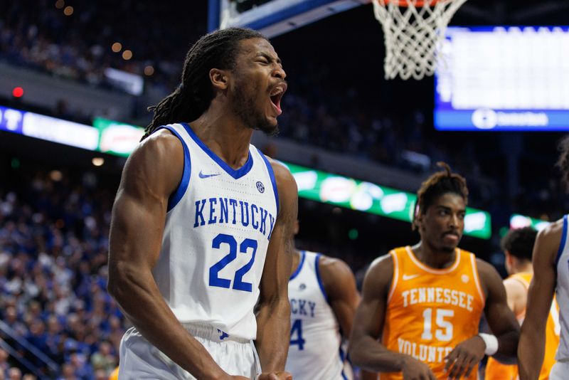 Feb 18, 2023; Lexington, Kentucky, USA; Kentucky Wildcats guard Cason Wallace (22) celebrates during the second half against the Tennessee Volunteers at Rupp Arena at Central Bank Center. Mandatory Credit: Jordan Prather-USA TODAY Sports