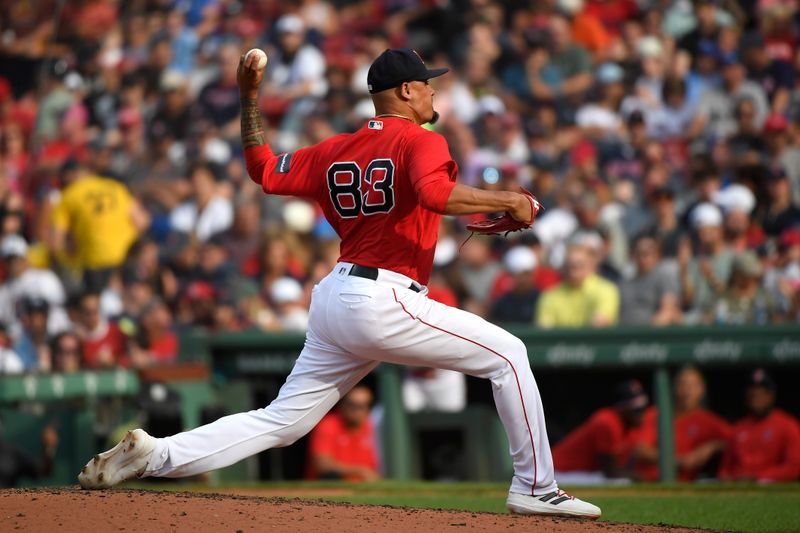 Aug 5, 2023; Boston, Massachusetts, USA;  Boston Red Sox relief pitcher Brennan Bernardino (83) pitches during the sixth inning against the Toronto Blue Jays at Fenway Park. Mandatory Credit: Bob DeChiara-USA TODAY Sports