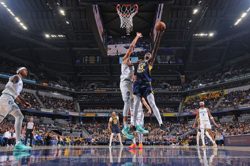 INDIANAPOLIS, IN - MARCH 7: Pascal Siakam #43 of the Indiana Pacers shoots the ball during the gameagainst the Minnesota Timberwolves on March 7, 2024 at Gainbridge Fieldhouse in Indianapolis, Indiana. NOTE TO USER: User expressly acknowledges and agrees that, by downloading and or using this Photograph, user is consenting to the terms and conditions of the Getty Images License Agreement. Mandatory Copyright Notice: Copyright 2024 NBAE (Photo by Ron Hoskins/NBAE via Getty Images)