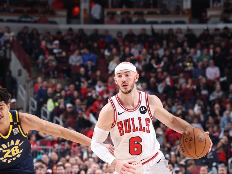 CHICAGO, IL - MARCH 27: Alex Caruso #6 of the Chicago Bulls dribbles the ball during the game against the Indiana Pacers on March 27, 2024 at United Center in Chicago, Illinois. NOTE TO USER: User expressly acknowledges and agrees that, by downloading and or using this photograph, User is consenting to the terms and conditions of the Getty Images License Agreement. Mandatory Copyright Notice: Copyright 2024 NBAE (Photo by Jeff Haynes/NBAE via Getty Images)