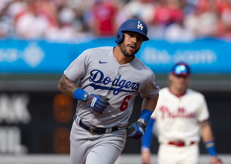 Jun 10, 2023; Philadelphia, Pennsylvania, USA; Los Angeles Dodgers left fielder David Peralta (6) runs the bases after hitting a home run during the fourth inning against the Philadelphia Phillies at Citizens Bank Park. Mandatory Credit: Bill Streicher-USA TODAY Sports