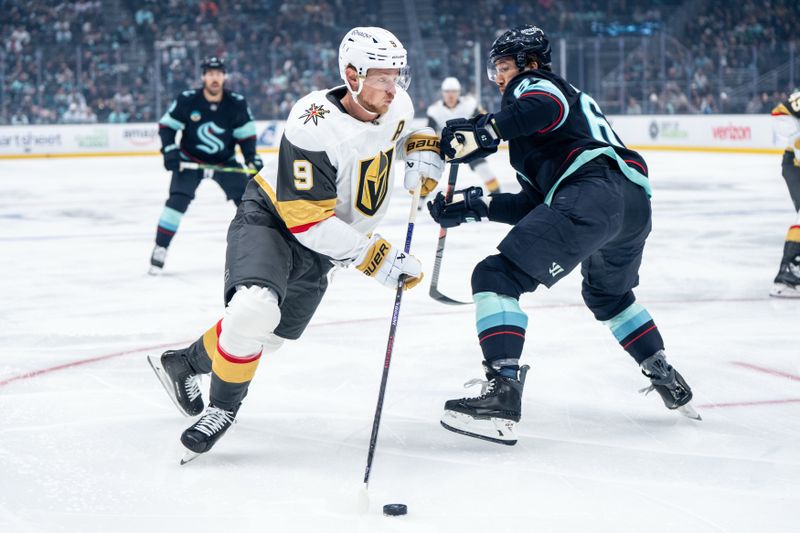 Oct 11, 2025; Seattle, Washington, USA; Vegas Golden Knights forward Jack Eichel (9) skates against Seattle Kraken defenseman Brandon Montour (62) during the first period at Climate Pledge Arena. Mandatory Credit: Stephen Brashear-Imagn Images