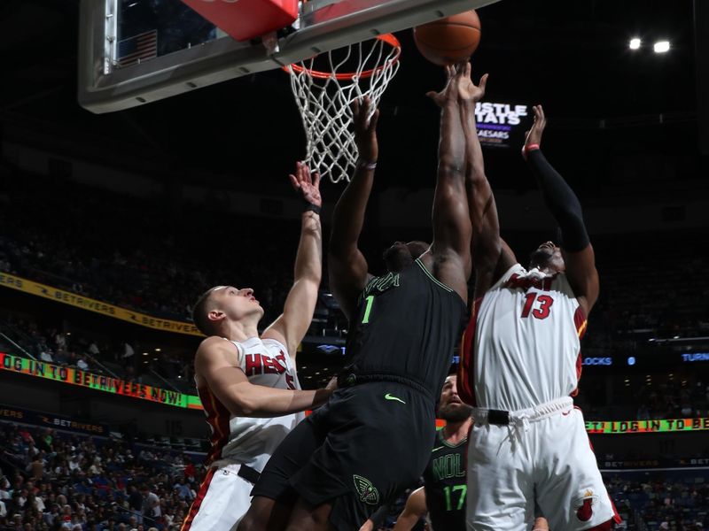 NEW ORLEANS, LA - FEBRUARY 23: Zion Williamson #1 of the New Orleans Pelicans shoots the ball during the game against the Miami Heat on February 23, 2024 at the Smoothie King Center in New Orleans, Louisiana. NOTE TO USER: User expressly acknowledges and agrees that, by downloading and or using this Photograph, user is consenting to the terms and conditions of the Getty Images License Agreement. Mandatory Copyright Notice: Copyright 2024 NBAE (Photo by Layne Murdoch Jr./NBAE via Getty Images)