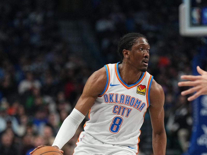 DALLAS, TX - JANUARY 17:  Jalen Williams #8 of the Oklahoma City Thunder dribbles the ball during the game against the Dallas Mavericks on January 17, 2025 at American Airlines Center in Dallas, Texas. NOTE TO USER: User expressly acknowledges and agrees that, by downloading and or using this photograph, User is consenting to the terms and conditions of the Getty Images License Agreement. Mandatory Copyright Notice: Copyright 2025 NBAE (Photo by Glenn James/NBAE via Getty Images)