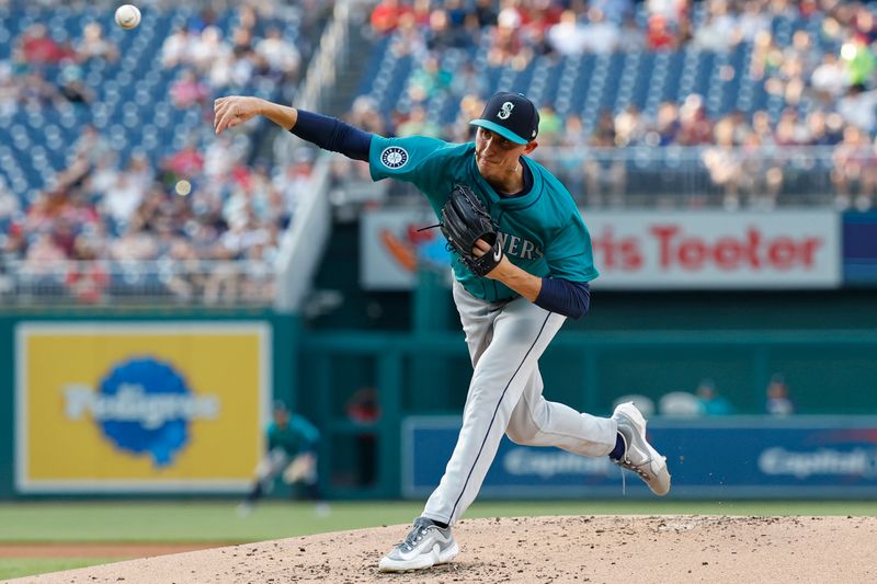 May 24, 2024; Washington, District of Columbia, USA; Seattle Mariners starting pitcher George Kirby (68) pitches against the Washington Nationals during the second inning at Nationals Park. Mandatory Credit: Geoff Burke-USA TODAY Sports