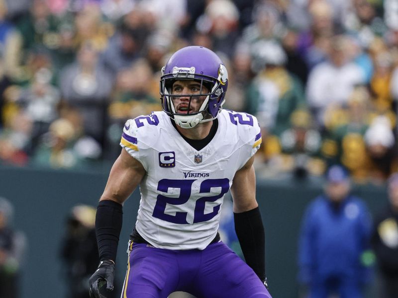 Minnesota Vikings safety Harrison Smith (22) during an NFL football game against the Green Bay Packers Sunday, Oct. 29, 2023, in Green Bay, Wis. (AP Photo/Jeffrey Phelps)