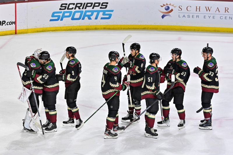 Nov 2, 2023; Tempe, Arizona, USA;  Arizona Coyotes goaltender Connor Ingram (39) celebrates teammates after beating the Montreal Canadiens at Mullett Arena. Mandatory Credit: Matt Kartozian-USA TODAY Sports