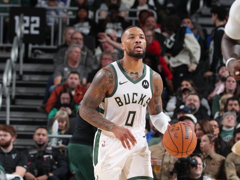 MILWAUKEE, WI - NOVEMBER 7: Damian Lillard #0 of the Milwaukee Bucks dribbles the ball during the game against the Utah Jazz on November 7, 2024 at Fiserv Forum Center in Milwaukee, Wisconsin. NOTE TO USER: User expressly acknowledges and agrees that, by downloading and or using this Photograph, user is consenting to the terms and conditions of the Getty Images License Agreement. Mandatory Copyright Notice: Copyright 2024 NBAE (Photo by Gary Dineen/NBAE via Getty Images).