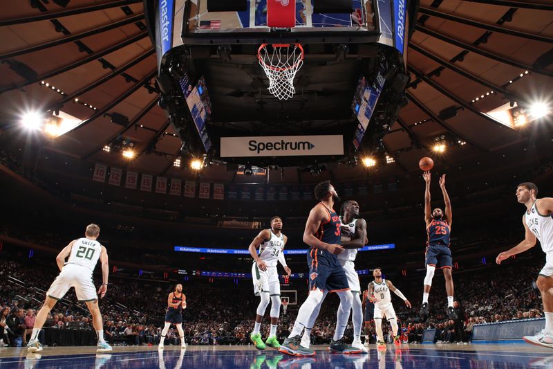 NEW YORK, NY - NOVEMBER 8:  Mikal Bridges #25 of the New York Knicks shoots the ball during the game against the Milwaukee Bucks on November 8, 2024 at Madison Square Garden in New York City, New York.  NOTE TO USER: User expressly acknowledges and agrees that, by downloading and or using this photograph, User is consenting to the terms and conditions of the Getty Images License Agreement. Mandatory Copyright Notice: Copyright 2024 NBAE  (Photo by Nathaniel S. Butler/NBAE via Getty Images)