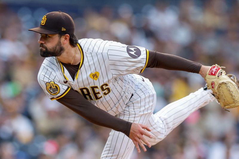 May 28, 2024; San Diego, California, USA; San Diego Padres starting pitcher Matt Waldron (61) throws a pitch in the first inning against the Miami Marlins at Petco Park. Mandatory Credit: David Frerker-USA TODAY Sports