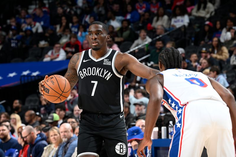 PHILADELPHIA, PA - OCTOBER 16:  Shake Milton #7 of the Brooklyn Nets dribbles the ball during the game against the Philadelphia 76ers on October 16, 2024 at the Wells Fargo Center in Philadelphia, Pennsylvania NOTE TO USER: User expressly acknowledges and agrees that, by downloading and/or using this Photograph, user is consenting to the terms and conditions of the Getty Images License Agreement. Mandatory Copyright Notice: Copyright 2024 NBAE (Photo by David Dow/NBAE via Getty Images)