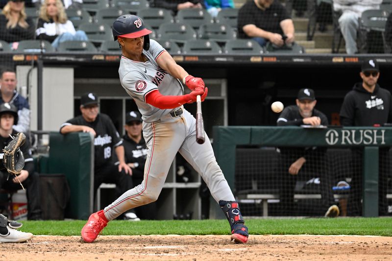 May 14, 2024; Chicago, Illinois, USA; Washington Nationals third baseman Trey Lipscomb (38) hits a two RBI single against the Chicago White Sox during the eighth inning at Guaranteed Rate Field. Mandatory Credit: Matt Marton-USA TODAY Sports