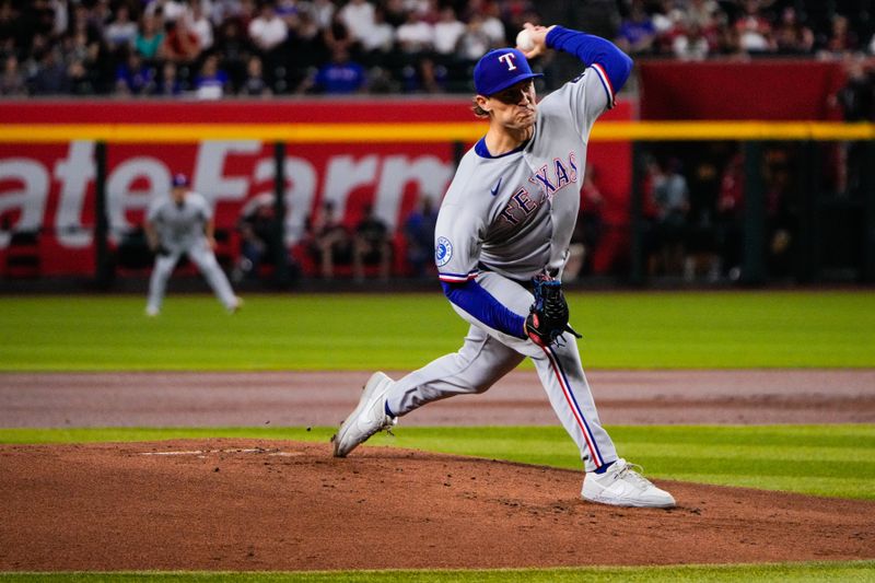 Sep 2, 2025; Phoenix, Arizona, USA; Texas Rangers pitcher Jacob Latz (67) pitches in the first inning againt the Arizona Diamondbacks at Chase Field. Mandatory Credit: Arianna Grainey-Imagn Images