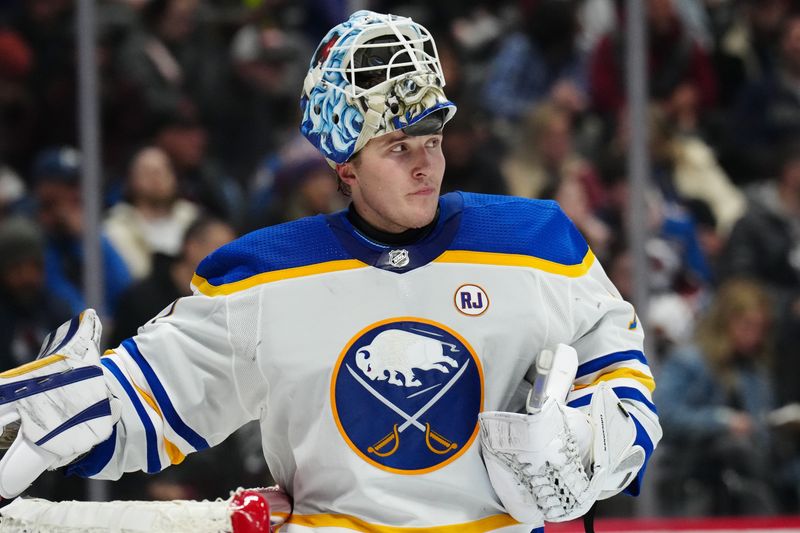 Dec 13, 2023; Denver, Colorado, USA; Buffalo Sabres goaltender Ukko-Pekka Luukkonen (1) during a break in the second period against the Colorado Avalanche at Ball Arena. Mandatory Credit: Ron Chenoy-USA TODAY Sports