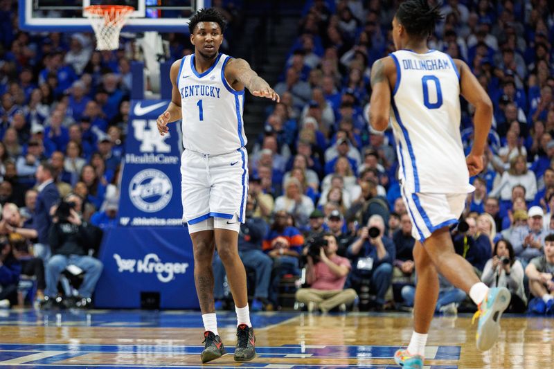 Mar 6, 2024; Lexington, Kentucky, USA; Kentucky Wildcats guard Justin Edwards (1) fives guard Rob Dillingham (0) during the second half at Rupp Arena at Central Bank Center. Mandatory Credit: Jordan Prather-USA TODAY Sports