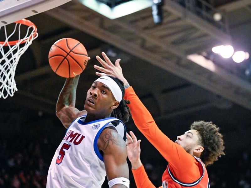 Jan 17, 2026; Dallas, Texas, USA; SMU Mustangs guard Jaron Pierre Jr. (5) grabs a rebound against the Virginia Cavaliers during the first half at Moody Coliseum. Mandatory Credit: Jerome Miron-Imagn Images