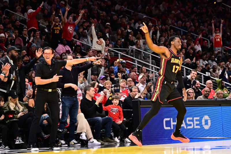 ATLANTA, GA - NOVEMBER 29: Onyeka Okongwu #17 of the Atlanta Hawks celebrates during the game against the Cleveland Cavaliers during the Emirates NBA Cup game on November 29, 2024 at State Farm Arena in Atlanta, Georgia.  NOTE TO USER: User expressly acknowledges and agrees that, by downloading and/or using this Photograph, user is consenting to the terms and conditions of the Getty Images License Agreement. Mandatory Copyright Notice: Copyright 2024 NBAE (Photo by Adam Hagy/NBAE via Getty Images)