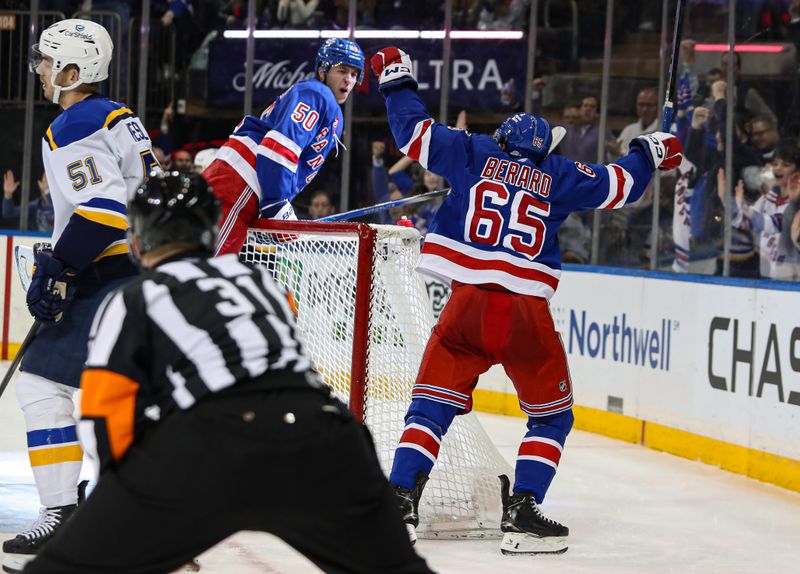 Nov 25, 2024; New York, New York, USA; New York Rangers left wing Brett Berard (65) reacts to a goal scored by New York Rangers left wing Will Cuylle (50) during the second period against the St. Louis Blues at Madison Square Garden. Mandatory Credit: Danny Wild-Imagn Images