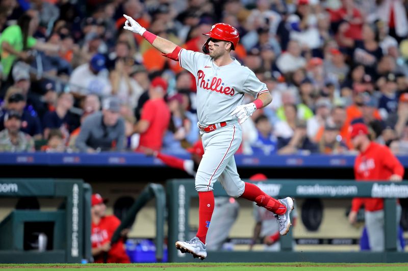 Apr 29, 2023; Houston, Texas, USA; Philadelphia Phillies first baseman Kody Clemens (23) gestures after hitting a two-run home run to right field against the Houston Astros during the sixth inning at Minute Maid Park. Mandatory Credit: Erik Williams-USA TODAY Sports