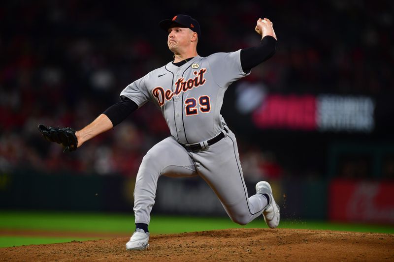 Sep 15, 2023; Anaheim, California, USA;Detroit Tigers starting pitcher Tarik Skubal (29) throws against the Los Angeles Angels during the fourth inning at Angel Stadium. Mandatory Credit: Gary A. Vasquez-USA TODAY Sports