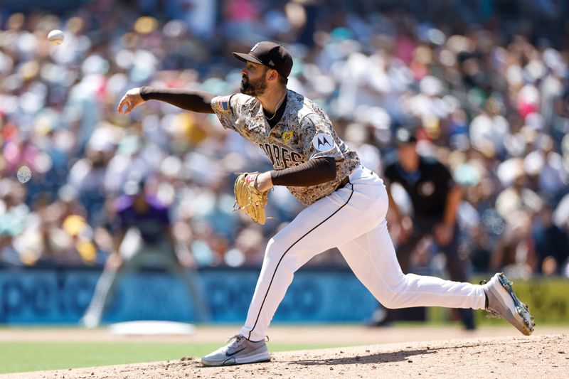 Aug 4, 2024; San Diego, California, USA; San Diego Padres starting pitcher Matt Waldron (61) throws a pitch during the fifth inning against the Colorado Rockies at Petco Park. Mandatory Credit: David Frerker-USA TODAY Sports