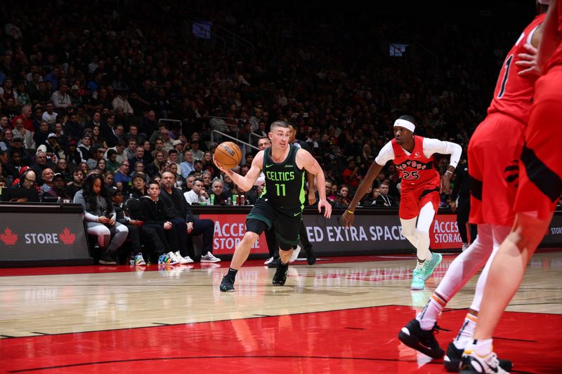 TORONTO, CANADA - JANUARY 15: Payton Pritchard #11 of the Boston Celtics handles the ball during the game against the Toronto Raptors on January 15, 2025 at the Scotiabank Arena in Toronto, Ontario, Canada.  NOTE TO USER: User expressly acknowledges and agrees that, by downloading and or using this Photograph, user is consenting to the terms and conditions of the Getty Images License Agreement.  Mandatory Copyright Notice: Copyright 2025 NBAE (Photo by Vaughn Ridley/NBAE via Getty Images)