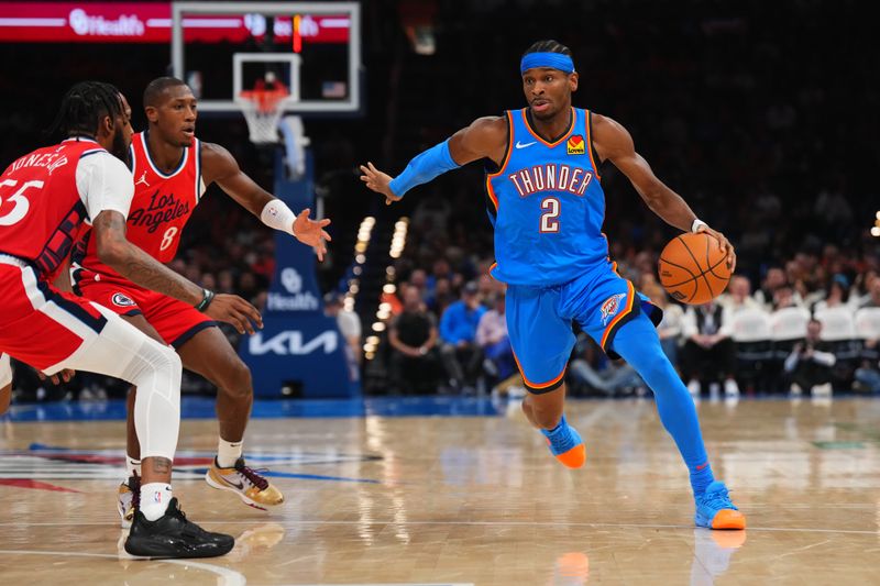 OKLAHOMA CITY, OK - JANUARY 2: Shai Gilgeous-Alexander #2 of the Oklahoma City Thunder drives to the basket during the game against the LA Clippers on January 2, 2025 at Paycom Center in Oklahoma City, Oklahoma. NOTE TO USER: User expressly acknowledges and agrees that, by downloading and or using this photograph, User is consenting to the terms and conditions of the Getty Images License Agreement. Mandatory Copyright Notice: Copyright 2025 NBAE (Photo by Cooper Neill/NBAE via Getty Images)