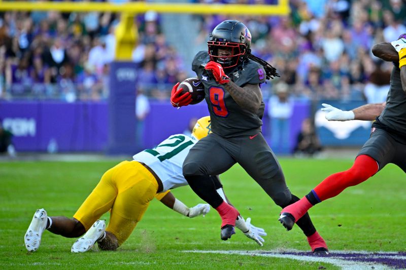 Nov 18, 2023; Fort Worth, Texas, USA; TCU Horned Frogs running back Emani Bailey (9) runs for a touchdown against the Baylor Bears during the first half at Amon G. Carter Stadium. Mandatory Credit: Jerome Miron-USA TODAY Sports