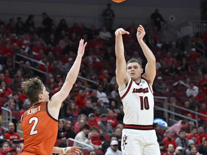 Jan 24, 2026; Louisville, Kentucky, USA;  Louisville Cardinals guard Isaac McKneely (10) shoots against Virginia Tech Hokies guard Jaden Schutt (2) during the second half at KFC Yum! Center. Mandatory Credit: Jamie Rhodes-Imagn Images