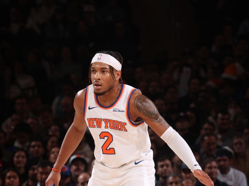 NEW YORK, NY - DECEMBER 5: Miles McBride #2 of the New York Knicks looks on during the game against the Charlotte Hornets on December 5, 2024 at Madison Square Garden in New York City, New York.  NOTE TO USER: User expressly acknowledges and agrees that, by downloading and or using this photograph, User is consenting to the terms and conditions of the Getty Images License Agreement. Mandatory Copyright Notice: Copyright 2024 NBAE  (Photo by Nathaniel S. Butler/NBAE via Getty Images)