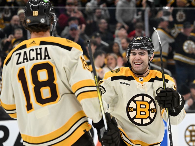 Jan 20, 2024; Boston, Massachusetts, USA; Boston Bruins left wing Jake DeBrusk (74) reacts after a goal scored by Boston Bruins center Pavel Zacha (18) during the third period at the TD Garden. Mandatory Credit: Brian Fluharty-USA TODAY Sports