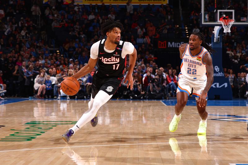 OKLAHOMA CITY, OK - NOVEMBER 20: Shaedon Sharpe #17 of the Portland Trail Blazers dribbles the ball during the game against the Oklahoma City Thunder on November 20, 2024 at Paycom Center in Oklahoma City, Oklahoma. NOTE TO USER: User expressly acknowledges and agrees that, by downloading and or using this photograph, User is consenting to the terms and conditions of the Getty Images License Agreement. Mandatory Copyright Notice: Copyright 2024 NBAE (Photo by Zach Beeker/NBAE via Getty Images)