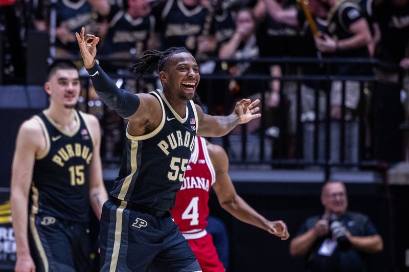 Feb 10, 2024; West Lafayette, Indiana, USA; Purdue Boilermakers guard Lance Jones (55) celebrates a made basket in the second half against the Indiana Hoosiers at Mackey Arena. Mandatory Credit: Trevor Ruszkowski-USA TODAY Sports