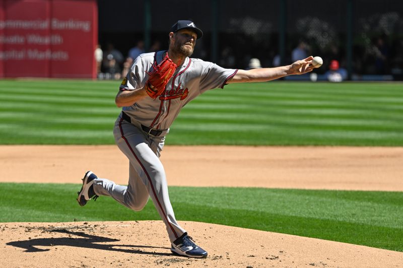Jun 27, 2024; Chicago, Illinois, USA;  Atlanta Braves pitcher Chris Sale (51) delivers against the Chicago White Sox during the first inning at Guaranteed Rate Field. Mandatory Credit: Matt Marton-USA TODAY Sports