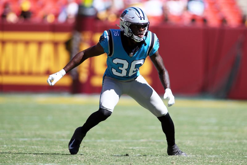 Carolina Panthers cornerback Madre Harper (36) runs during an NFL football game against the Washington Commanders, Saturday, Aug. 13, 2022 in Landover. (AP Photo/Daniel Kucin Jr.)