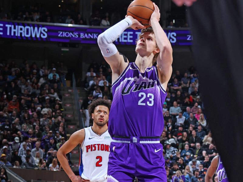 SALT LAKE CITY, UT - JANUARY 1: Lauri Markkanen #23 of the Utah Jazz shoots a free throw during the game against the Detroit Pistons on January 1, 2024 at vivint.SmartHome Arena in Salt Lake City, Utah. NOTE TO USER: User expressly acknowledges and agrees that, by downloading and or using this Photograph, User is consenting to the terms and conditions of the Getty Images License Agreement. Mandatory Copyright Notice: Copyright 2023 NBAE (Photo by Melissa Majchrzak/NBAE via Getty Images)