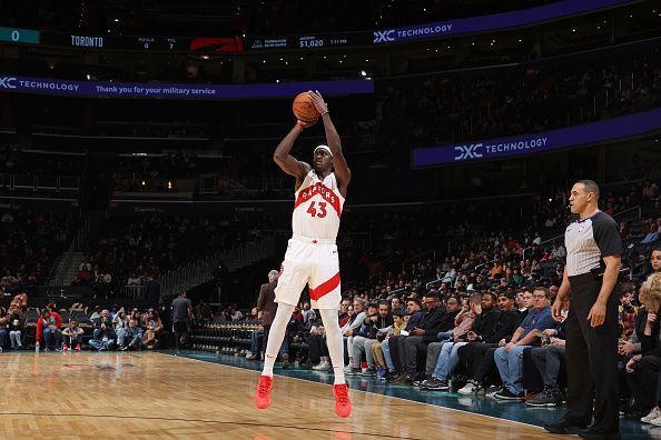 WASHINGTON, DC -? DECEMBER 27: Pascal Siakam #43 of the Toronto Raptors shoots a three point basket during the game against the Washington Wizards on December 27, 2023 at Capital One Arena in Washington, DC. NOTE TO USER: User expressly acknowledges and agrees that, by downloading and or using this Photograph, user is consenting to the terms and conditions of the Getty Images License Agreement. Mandatory Copyright Notice: Copyright 2023 NBAE (Photo by Stephen Gosling/NBAE via Getty Images)