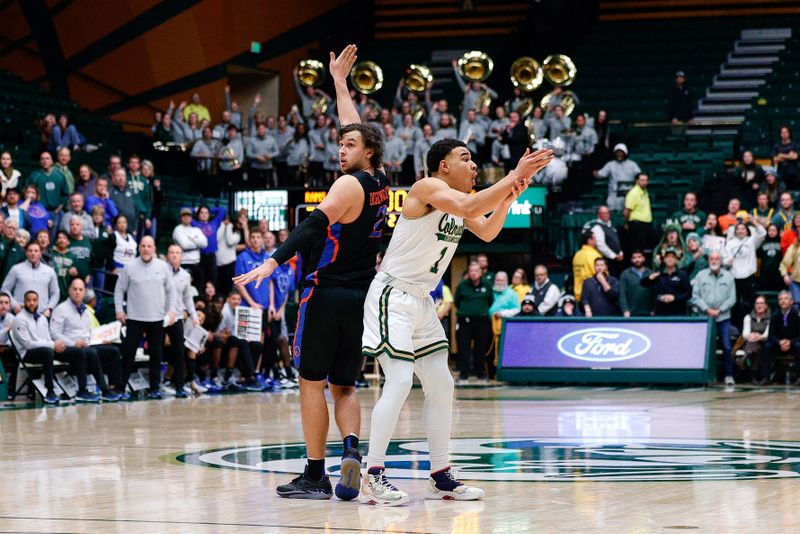 Feb 15, 2023; Fort Collins, Colorado, USA; Colorado State Rams guard John Tonje (1) reacts after a shot against Boise State Broncos forward Tyson Degenhart (2) in the second half at Moby Arena. Mandatory Credit: Isaiah J. Downing-USA TODAY Sports