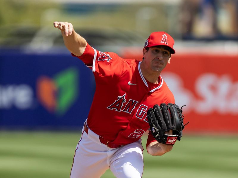 Mar 16, 2025; Tempe, Arizona, USA; Los Angeles Angels pitcher Kyle Hendricks against the San Diego Padres during a spring training game at Tempe Diablo Stadium. Mandatory Credit: Mark J. Rebilas-Imagn Images