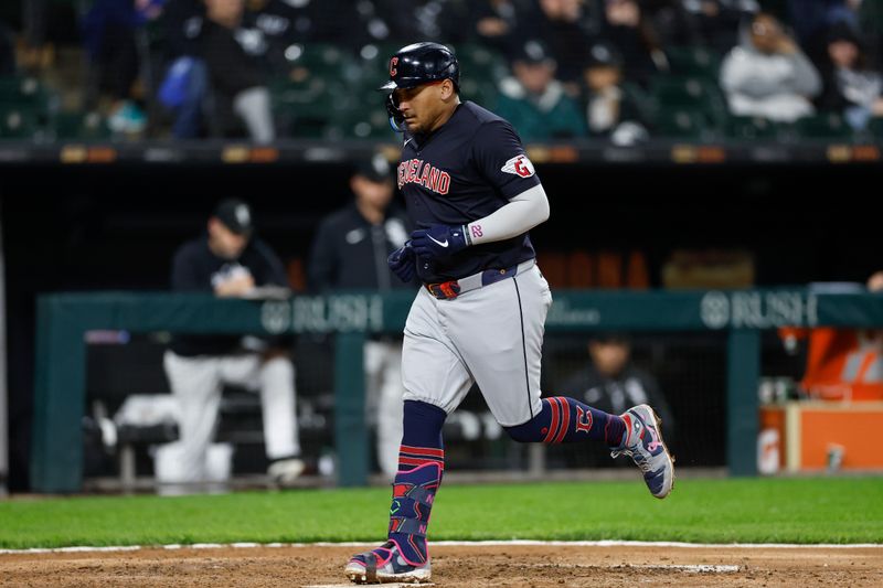 May 9, 2024; Chicago, Illinois, USA; Cleveland Guardians first base Josh Naylor (22) crosses home plate after hitting a solo home run against the Chicago White Sox during the eight inning at Guaranteed Rate Field. Mandatory Credit: Kamil Krzaczynski-USA TODAY Sports