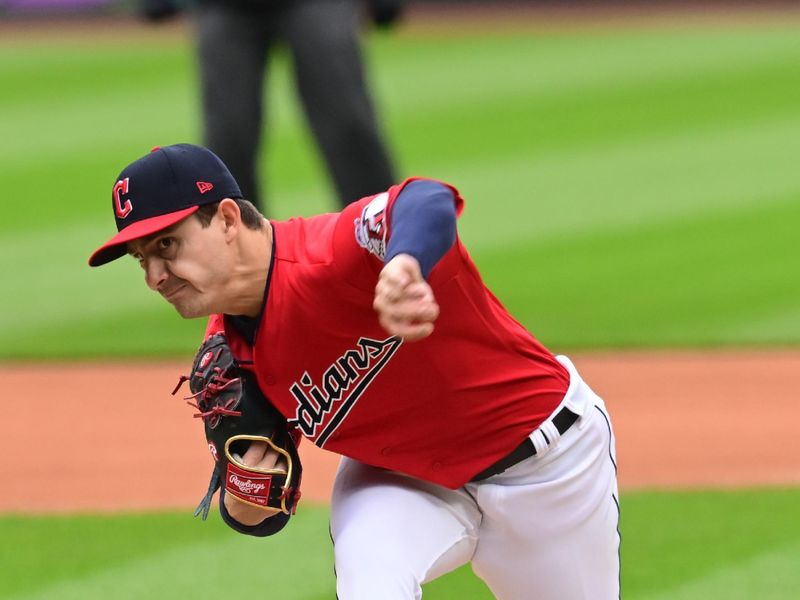 Apr 23, 2023; Cleveland, Ohio, USA; Cleveland Guardians pitcher Logan Allen (41) throws a pitch during the first inning against the Miami Marlins at Progressive Field. Mandatory Credit: Ken Blaze-USA TODAY Sports