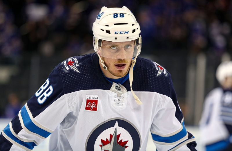 Mar 19, 2024; New York, New York, USA; Winnipeg Jets defenseman Nate Schmidt (88) skates during warmups before the first period against the New York Rangers at Madison Square Garden. Mandatory Credit: Danny Wild-USA TODAY Sports