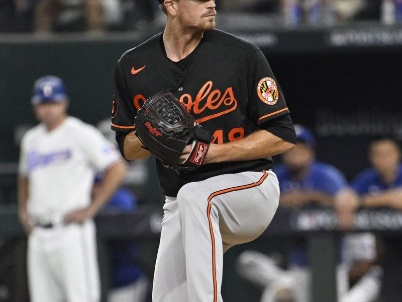 Oct 10, 2023; Arlington, Texas, USA; Baltimore Orioles relief pitcher Kyle Gibson (48) pitches in the fourth inning against the Texas Rangers during game three of the ALDS for the 2023 MLB playoffs at Globe Life Field. Mandatory Credit: Jerome Miron-USA TODAY Sports