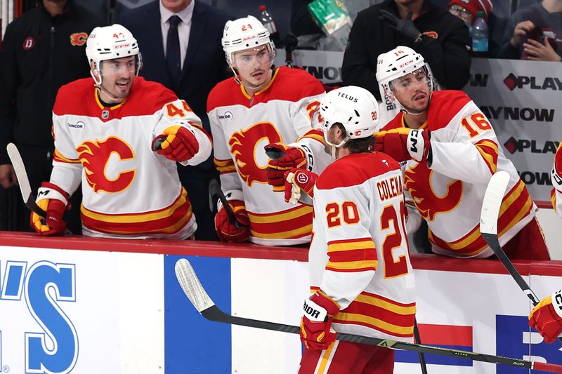 Oct 24, 2025; Winnipeg, Manitoba, CAN; Calgary Flames left wing Blake Coleman (20) celebrates his goal against the Winnipeg Jets in the third period at Canada Life Centre. Mandatory Credit: James Carey Lauder-Imagn Images