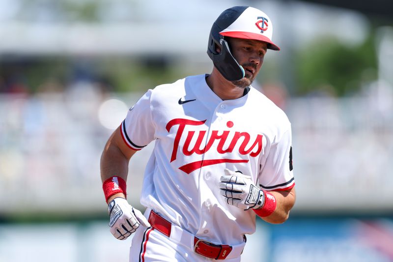 Feb 27, 2026; Fort Myers, Florida, USA; Minnesota Twins right fielder Trevor Larnach (9) runs the bases after hitting a home run against the New York Yankees in the first inning during spring training at Lee Health Sports Complex/Hammond Stadium. Mandatory Credit: Nathan Ray Seebeck-Imagn Images