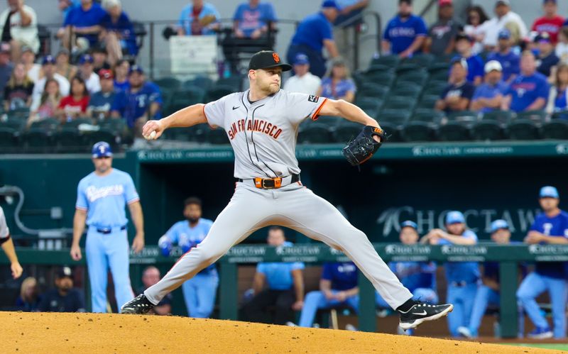 Jun 9, 2024; Arlington, Texas, USA; San Francisco Giants starting pitcher Keaton Winn (67) throws during the first inning against the Texas Rangers at Globe Life Field. Mandatory Credit: Kevin Jairaj-USA TODAY Sports